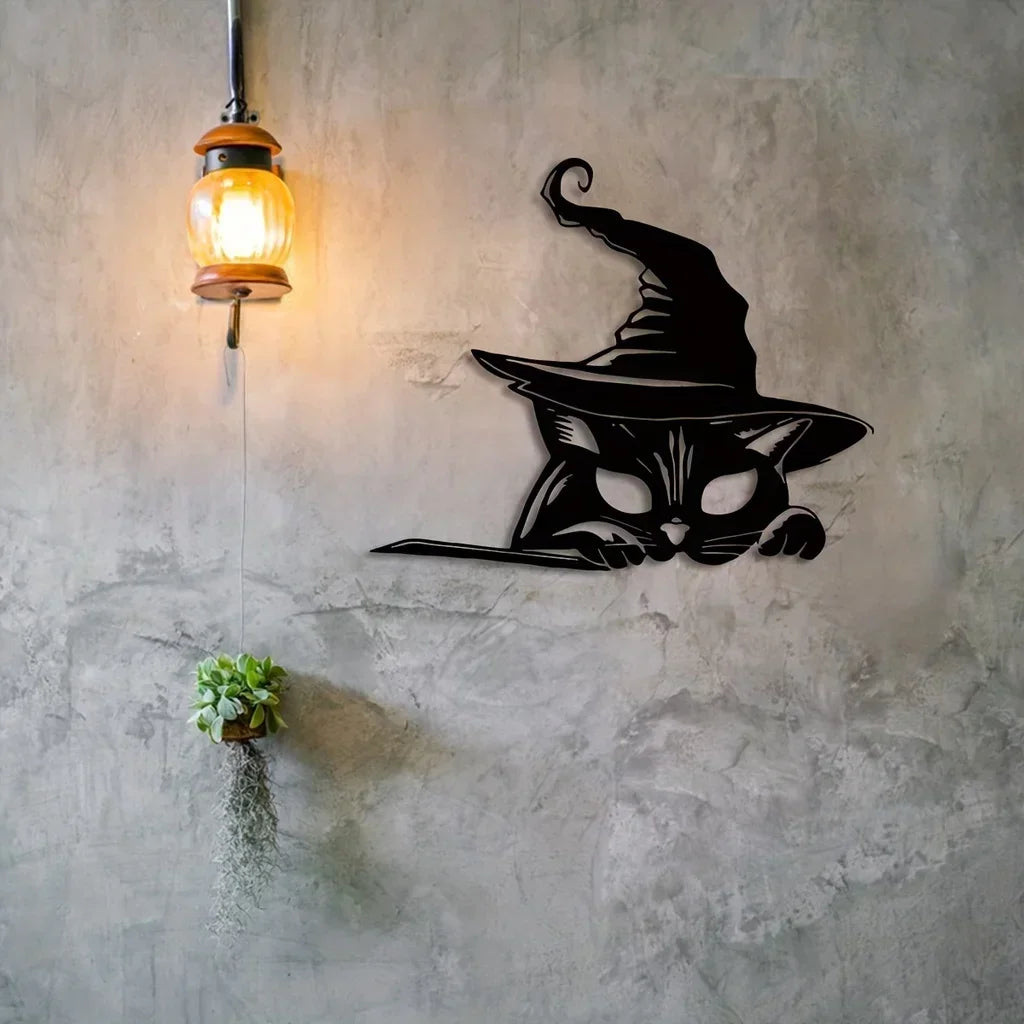 metal iron  Black Cat Halloween Home Decor, Metal Cat Silhouette Yard Signs Garden Patio Party Decorations Wall Hanging Decor Ba
