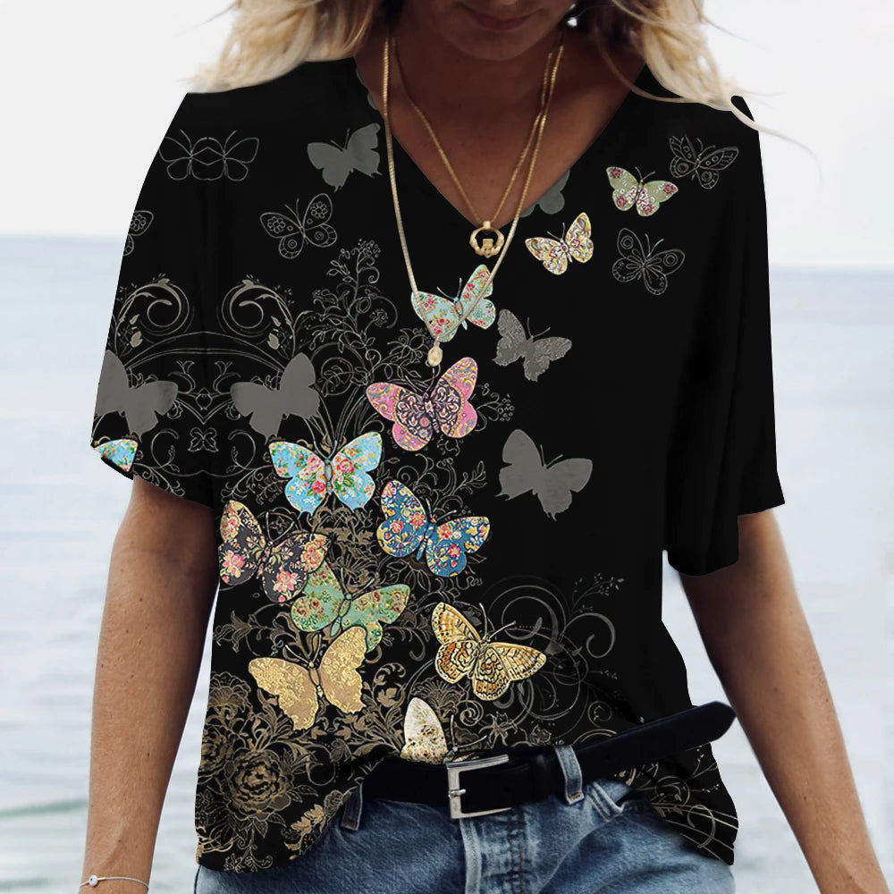 Butterfly Printed Women's T-Shirt clothes 3D V-Neck Cotton Fashion Short Sleeve Tops 2025 Casual Basic Girl's Clothing Harajuku Clothes