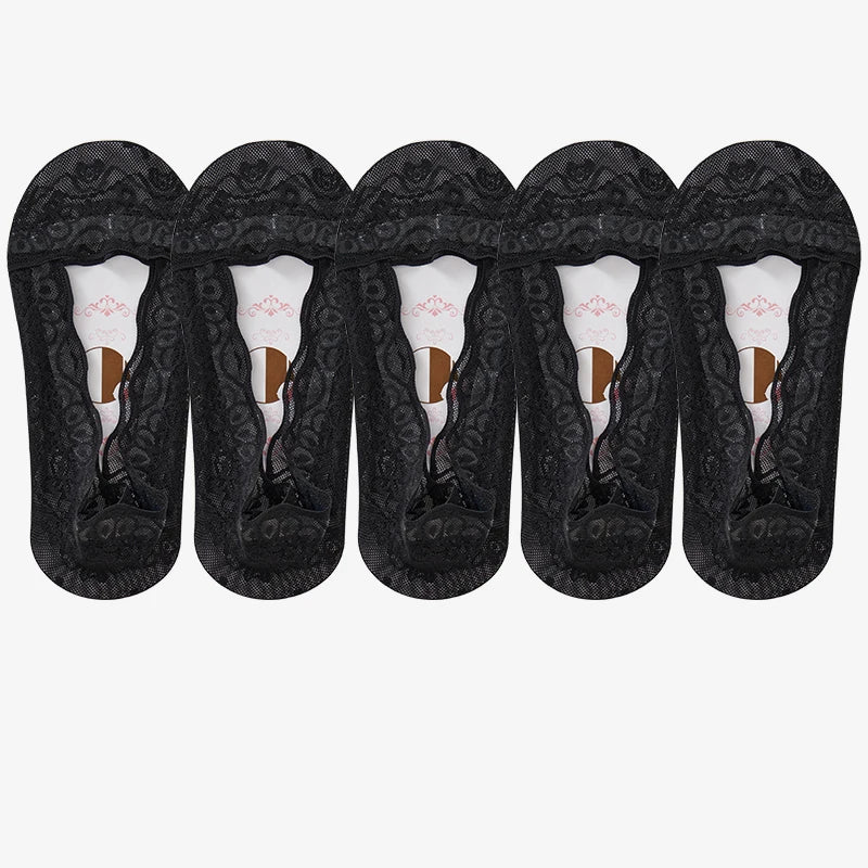 5pairs Summer Women Girl Silica Gel Lace Boat Socks Invisible Cotton Sole Non-slip Antiskid Slippers Anti-Slip Short Ankle Socks