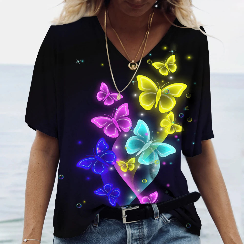 Butterfly Printed Women's T-Shirt clothes 3D V-Neck Cotton Fashion Short Sleeve Tops 2025 Casual Basic Girl's Clothing Harajuku Clothes