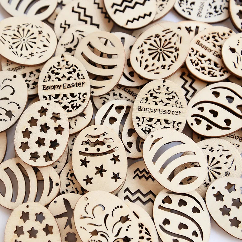 25/50Pcs Easter Eggs Wooden DIY Craft Hanging Ornaments Hollowed Wood Chips Happy Easter Party Decorations For Home Kids Gift
