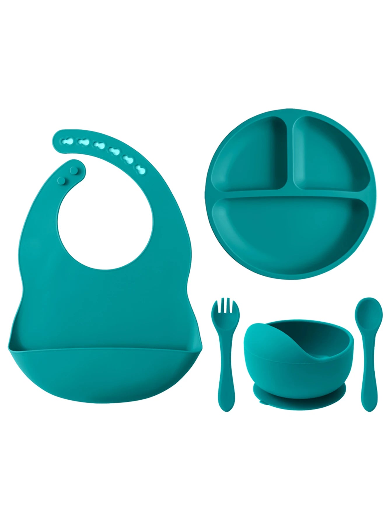 5PCS Baby Silicone Tableware Set Color Contrast Bib Suction Bowl Non-slip Plate Soft Spoon Fork Feeding Training Baby Dinner Set