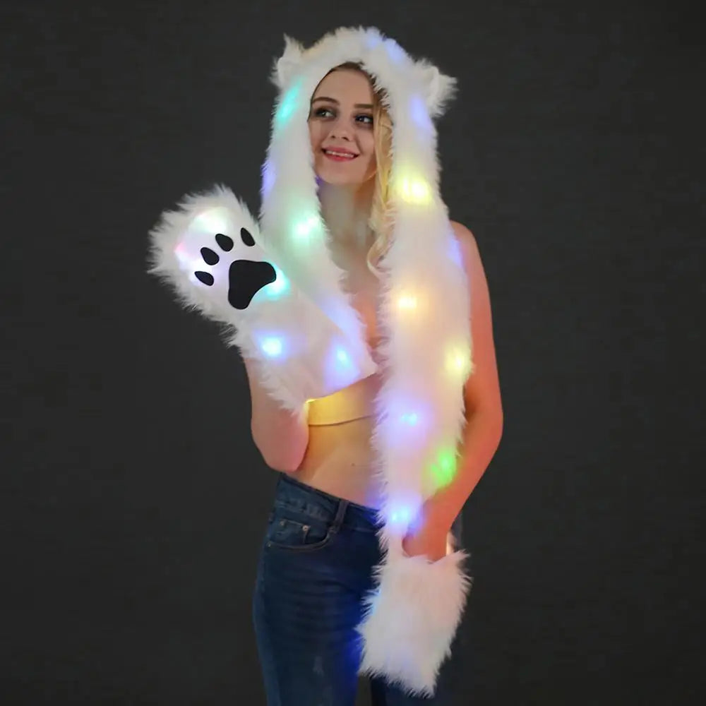 Women LED Hat Scarf Creative Multi-color LED Light Up Faux Fur Animal Ears Hood Hat with Scarf for Festival Glow Party navidad