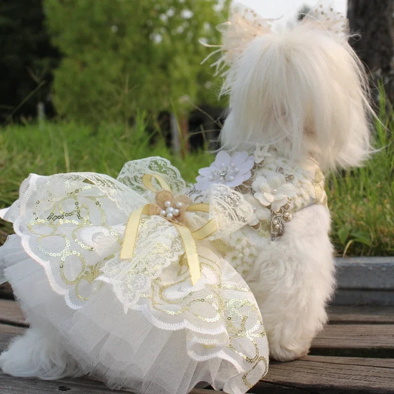 Cute Pet Dog Cats Clothes Luxury Handmade Golden Sequin Lace Flower Party Dress For Small Medium Dogs Fashion Outfits Puppy Coat