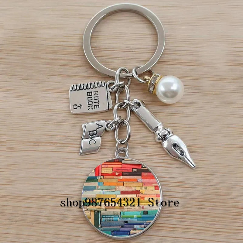Classic Library Books Keychain Vintage Old Books Key Chain Librarians Key Ring Gift for Nerd Bookworm Writer Teacher