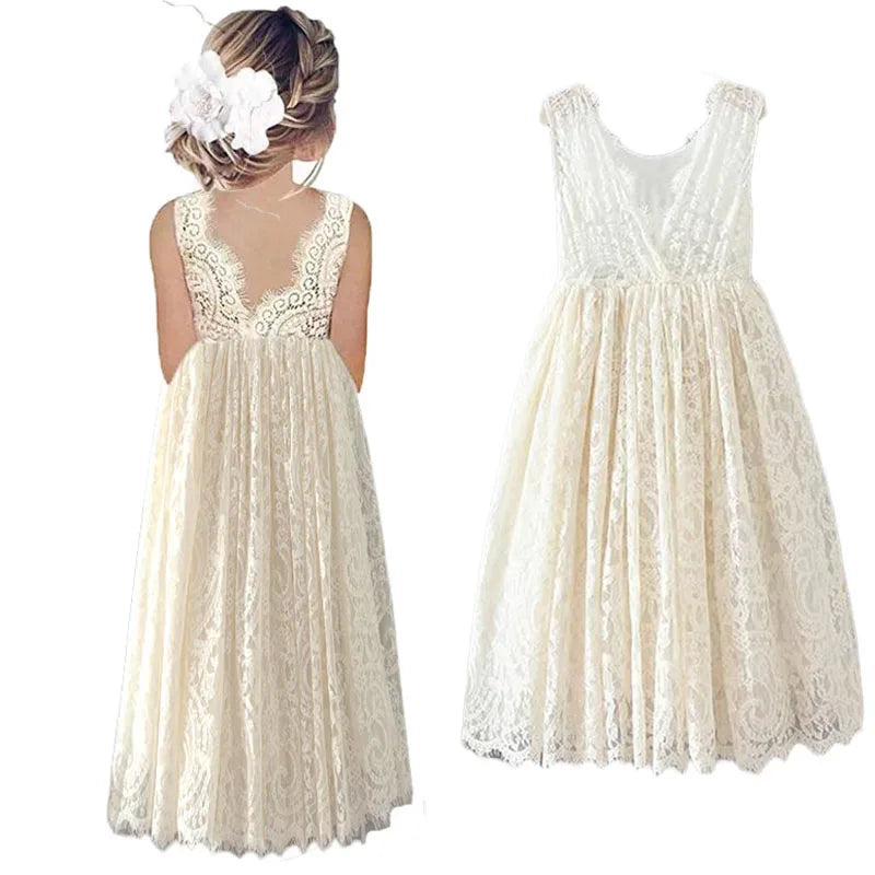 Big Size Princess Girls Cotton Lace Long Dress For 2-14 Years