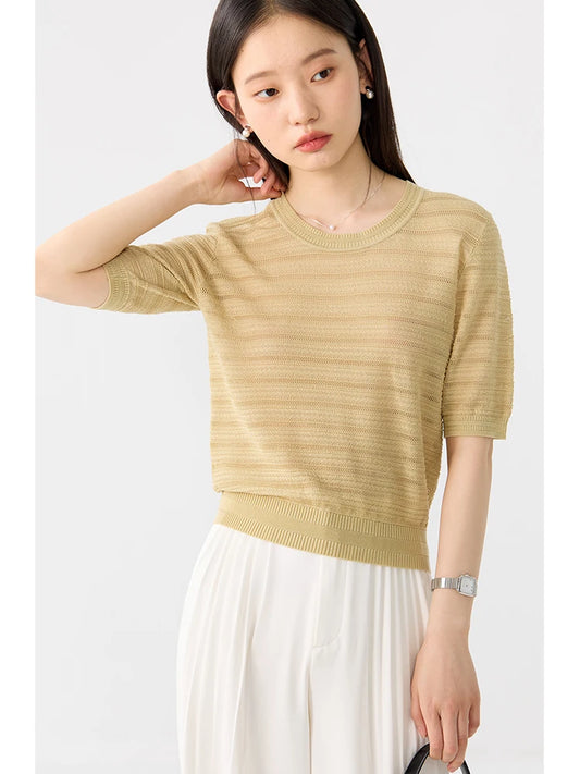 ZIQIAO Petite Hollow Out Round Neck Pink Knit Top For Women's 2024 Summer New Loose Short Sleeved Loose T-shirt 24ZQ92213