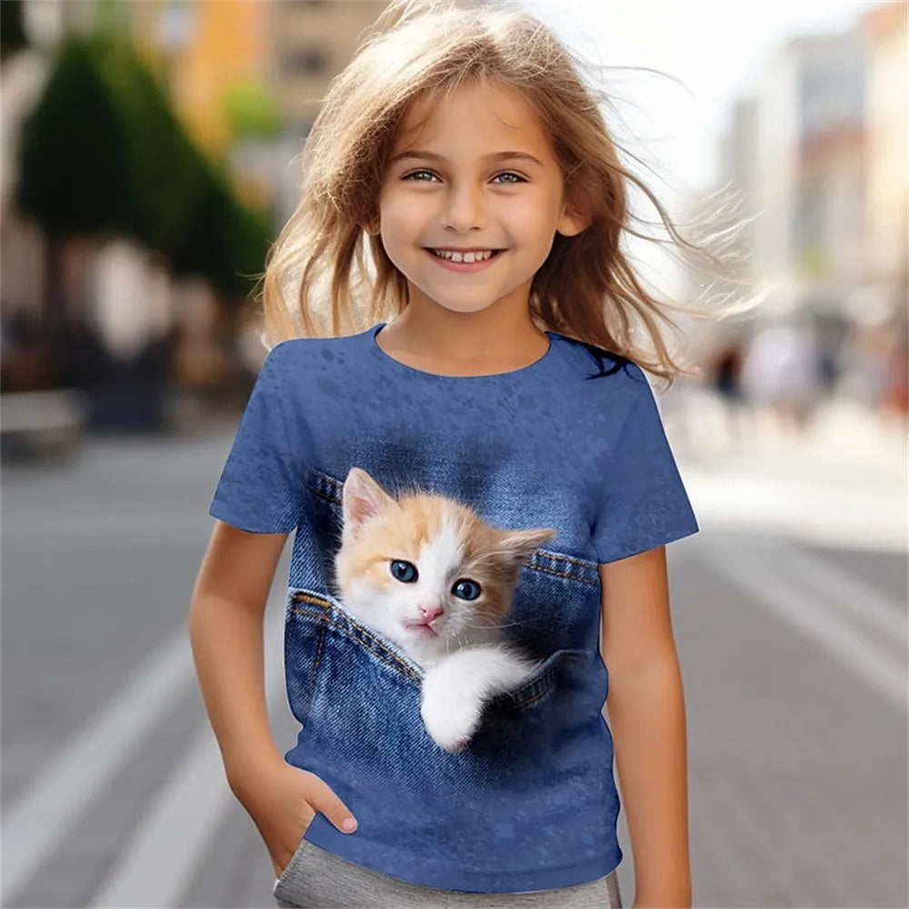 Kinderkleidung für Mädchen, T-Shirt mit 3D-Katzen-Print, kurzärmelig, Kinderkleidung, modische Kostüme für Mädchen, Top im Alter von 2 bis 12 Jahren 