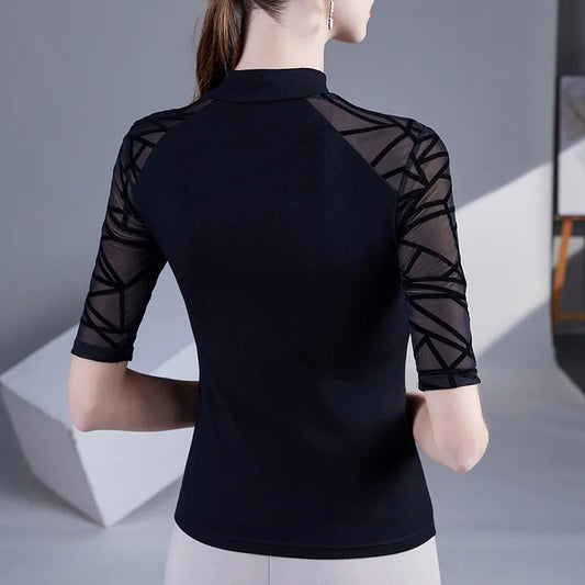 New 2025  clothes  - Spring Half Sleeved Women Mesh Tops Fashion Casual Patchwork High Stretch Black T-Shirt M-3XL Clothes