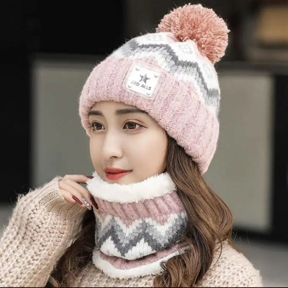 Cycling Plus Velvet Beanies Hat Ear Protection Windproof Hat Scarf Set Thick Warm Knit Skull Cap Women