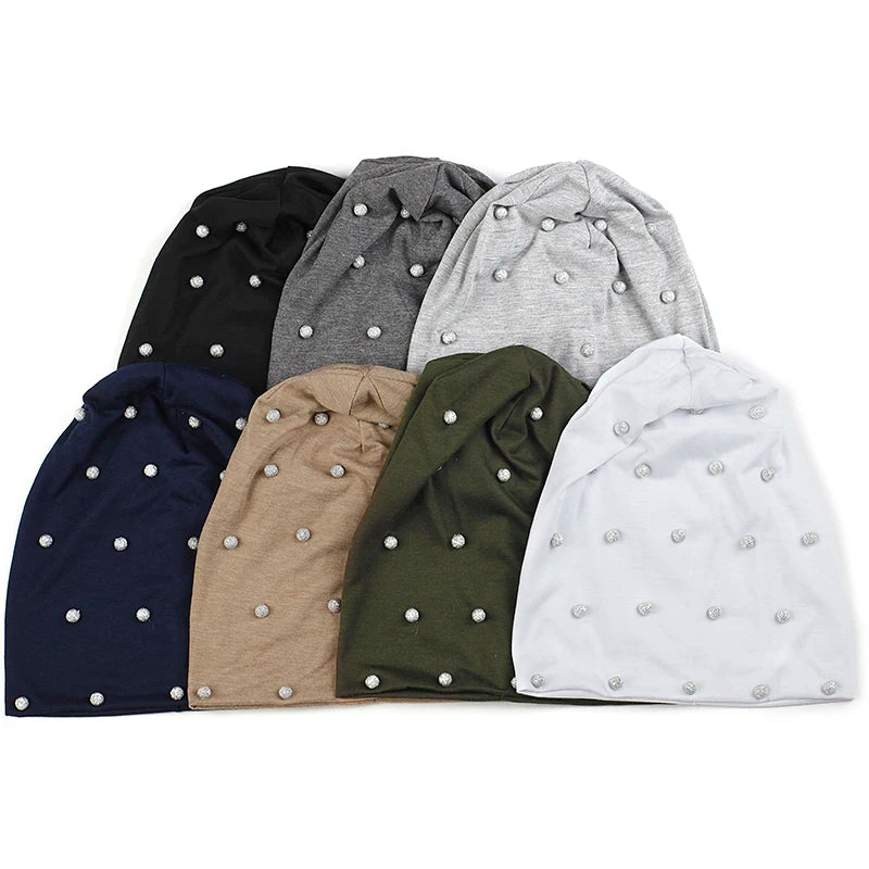 Geebro Women Spring Autumn Warm Soft Beanies Cotton Solid Color Fashion Skullies Hats With Silver Beads Accessories Caps Bonnet
