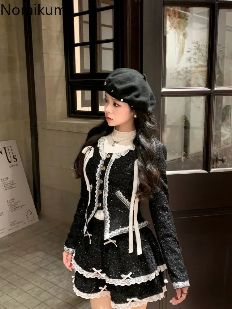 Skirt Outfits Chic Korean Two Piece Set Women Clothing Long Sleeve Tunic Coat A-line High Waist Skirts Suit Lace Bow Sweet Sets