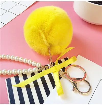 Car Women handBag Key Chain Fashion Pearl Chain Crystal Bottle Bow Pompom Keychain Fluffy Puff Ball Keychains Jewelry