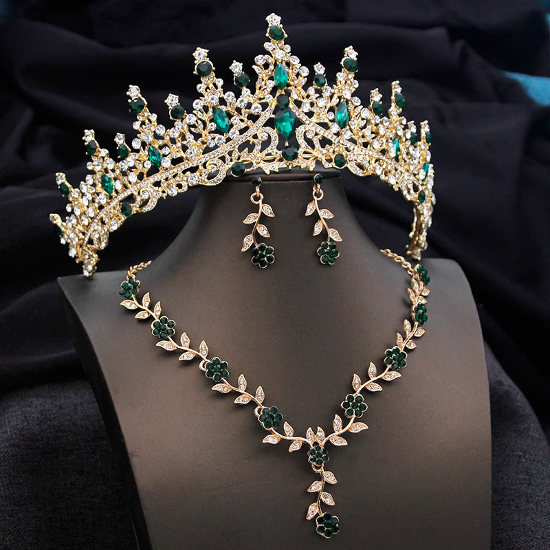 3 pcs Pink Bridal Jewelry Sets for Women Crown Flower Choker Necklace Earring Wedding Tiara Bride Costume Accessories