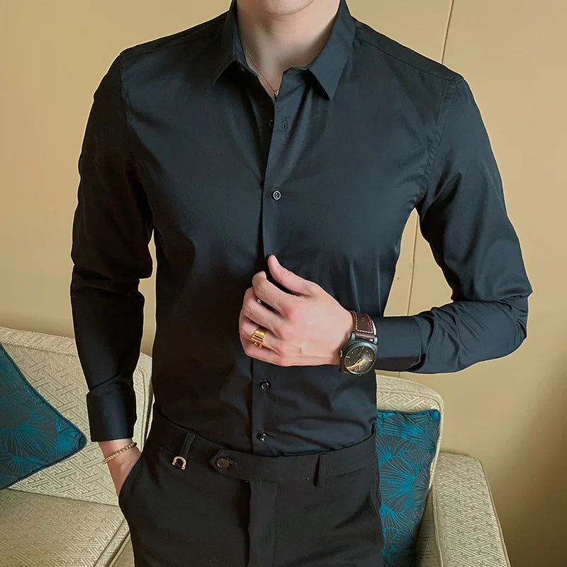 Four Season Non-ironing Regular Fit Business Casual Long Sleeve Shirt Anti-Wrinkle Solid Color Male Social Formal Shirts