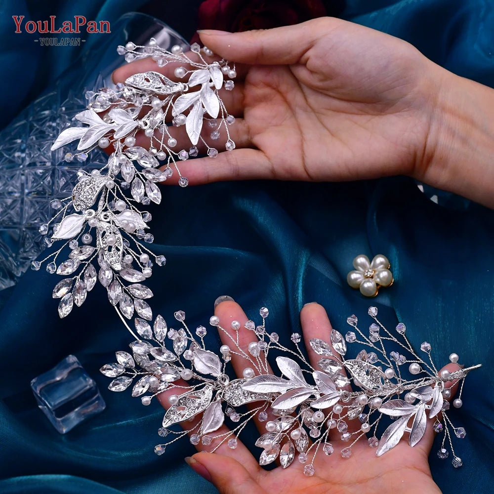 YouLaPan Crystal Bridal Headpiece Alloy Leaf Headband for Brides Wedding Hair Accessories Princess Tiara Pageant Headdress HP272