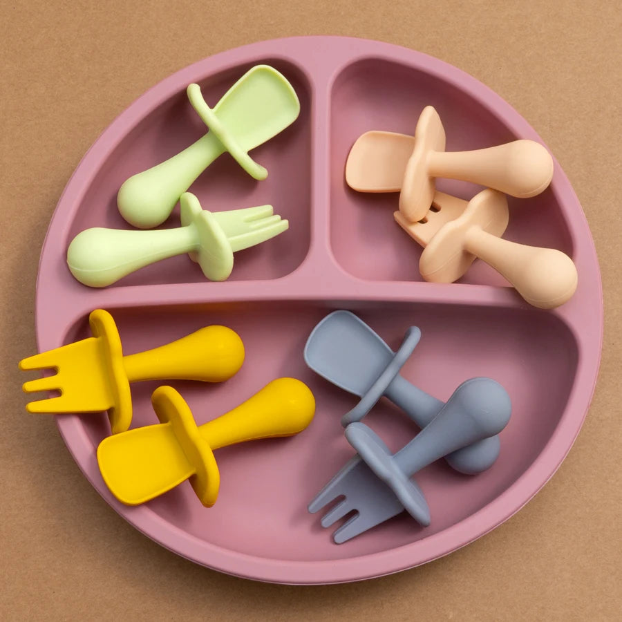 2024 New Colors Kids Divider Plate Training Fork Spoon Set Food Grade Silicone Material Newborn Essentials Baby Shower Gifts