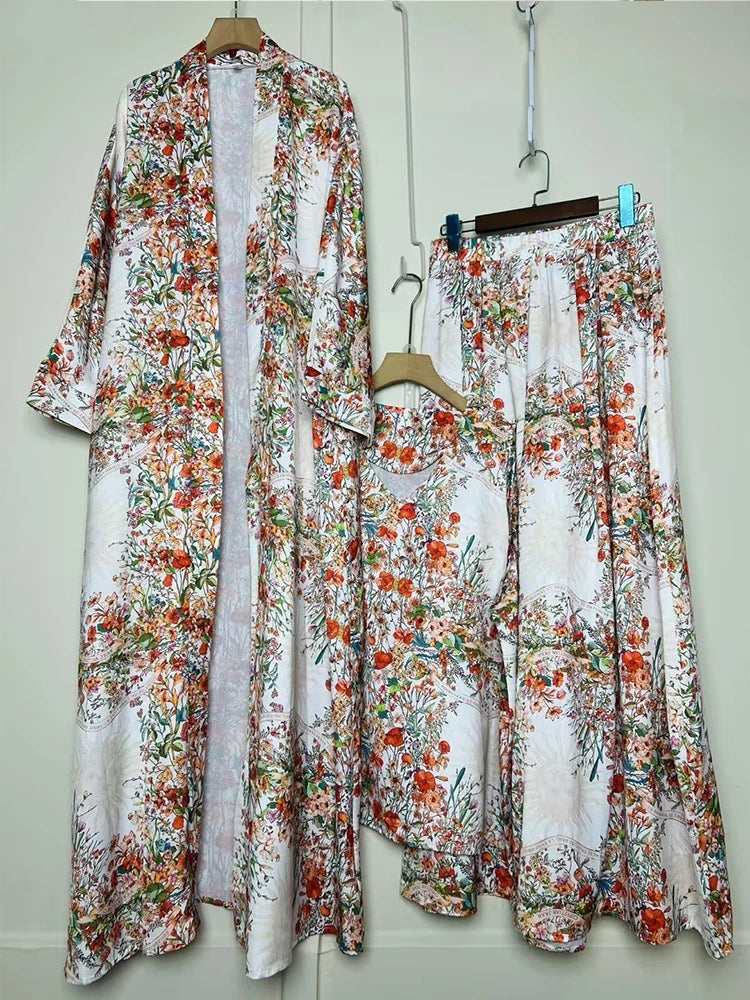 Retro geometric print loose cardigan three-piece set 2025 spring women's new pullover vest + draped loose culottes fashion suit