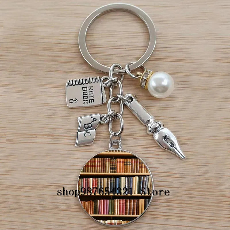 Classic Library Books Keychain Vintage Old Books Key Chain Librarians Key Ring Gift for Nerd Bookworm Writer Teacher