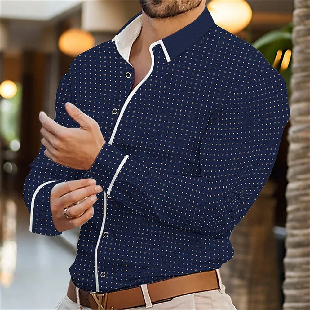 2025 New Men's Street Fashion Long sleeved Polo Collar Button Cardigan Shirt Diamond Print Designer Men's Clothing S-6XL