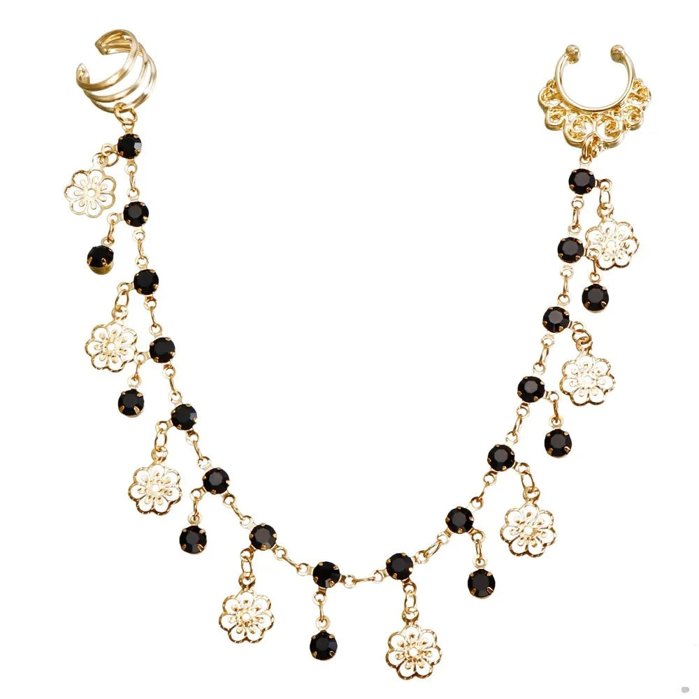 Body Jewelry Earring with Nose Ring Fashion Trendy Metal Nose Clip Gold& Black Imitation Crystal Long Chain Tassel Nose Clip