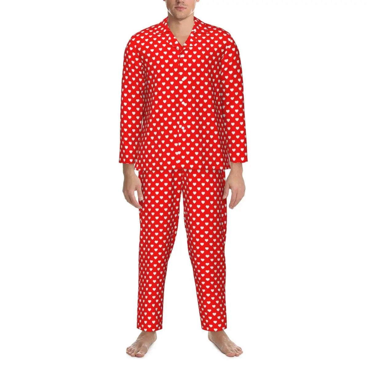 Valentine Hearts Pajama Sets Black and Red Cute Sleepwear Men Long Sleeve Retro Daily Two Piece Nightwear Plus Size
