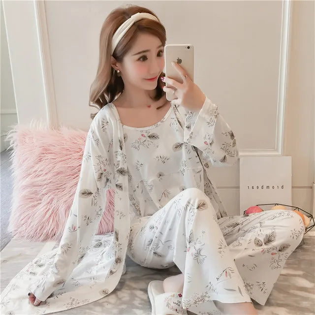3 Pieces Women Japan Kimono Pajamas Cotton Sleepwear Pijama Soft Home Clothing Floral Printing Sleep Lounge Pyjama Pyjamas Set