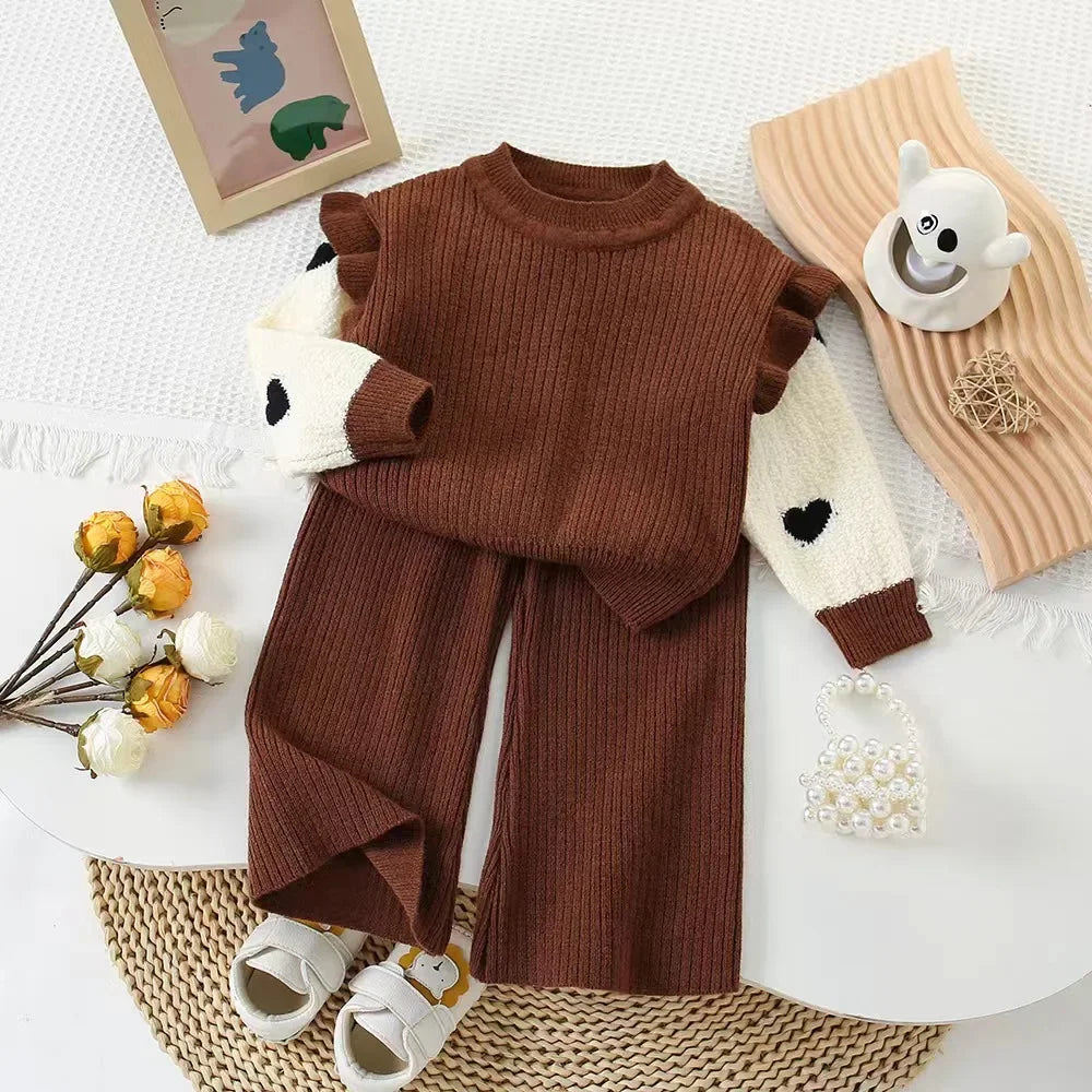 Children's Clothing Sets Love Lace Knit Top + Wide-leg Pants 2pcs Sets Knit Sweater Kids Winter Clothes Baby Girl Outfit Set