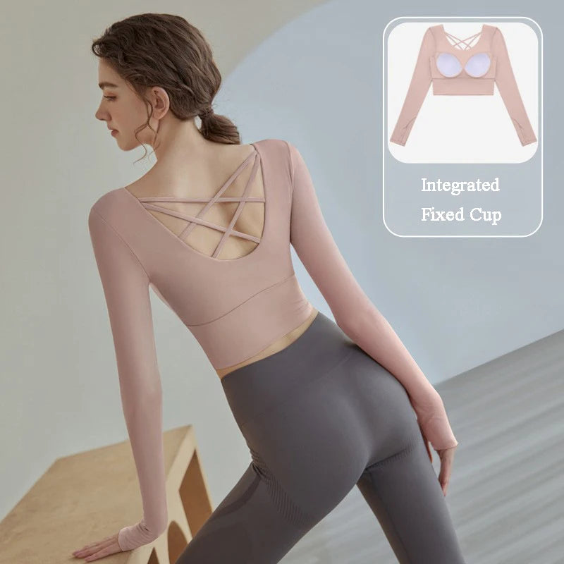 Women Long Sleeve Sport Shirt Beautiful Cross Back Yoga Wear Running Crop Top Sportswear With Bra Pad Fitness Gym Top Yoga Shirt