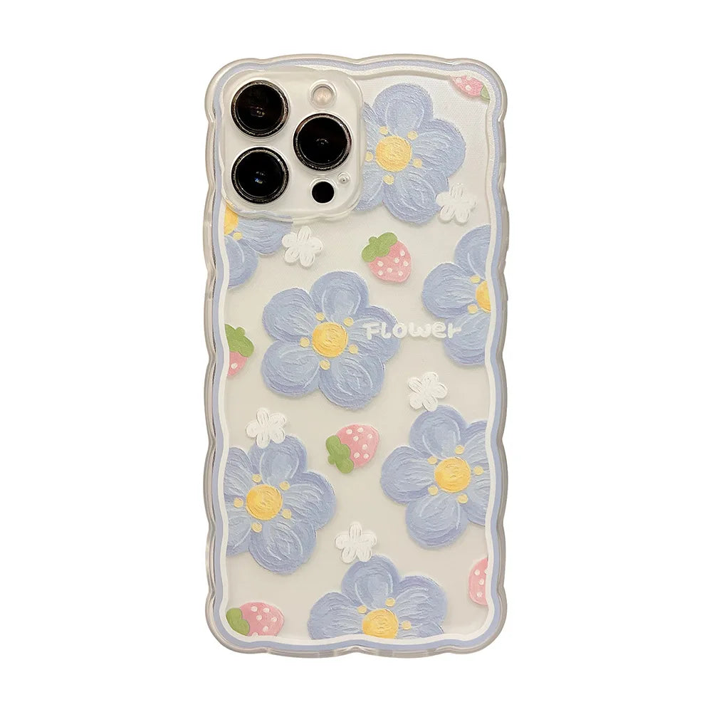 Art wavy blue flower Strawberry cute silicone soft back case for iphone 14 x xr 7 8 plus 13 15 promax 11 12 mini xsmax phone box