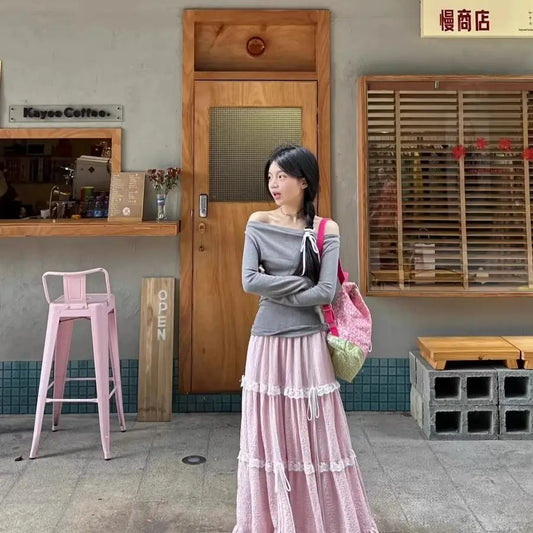 Wedbleser Fashion 2025 Sweet Ballet Style French Petite Outfit Slim Fit Gray Top Pink High Waisted Long Skirt Two-piece Set clothes