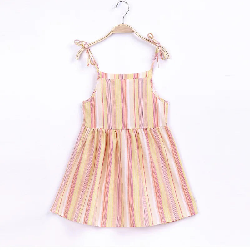 Girls Strappy Pink Sleeveless Printed Dress Cotton And Linen Casual Dress