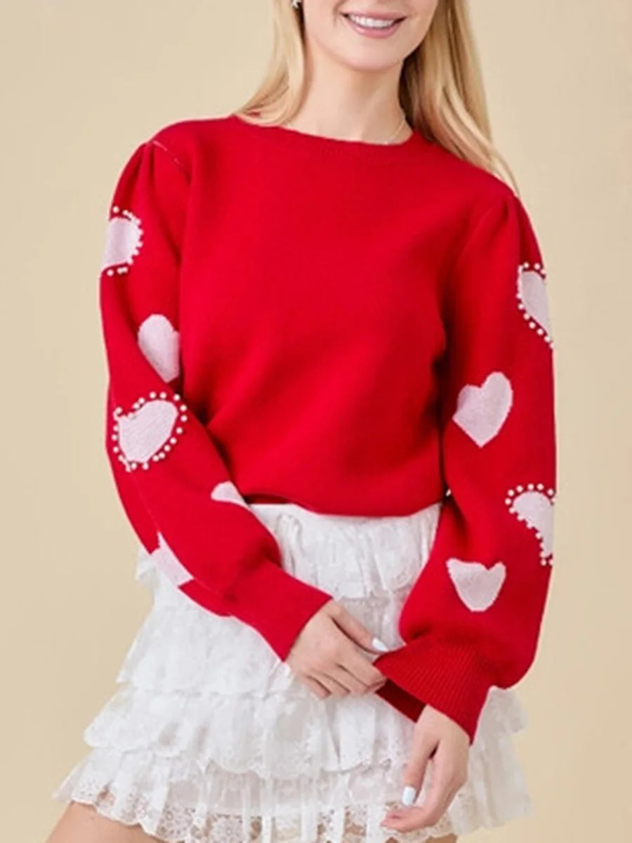 Women s Valentine s Day Knit Sweater Red Long Sleeve Round Neck Heart Print Knitwear