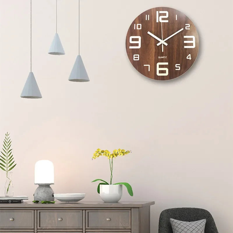 12 Inch Wall Clock Luminous Wood Night Glow Visible Nordic Silent Clock Decoration with Night Light for Bedroom Living Room Home