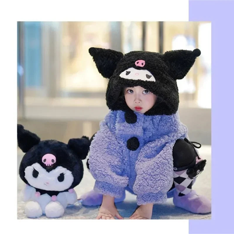 Kuromi Anime Kawaii  Long Sleeve Coat Cute Cartoon Children Sanrio Ins Winter Plus Hooded Warm Jacket Clothing Gifts for Kids