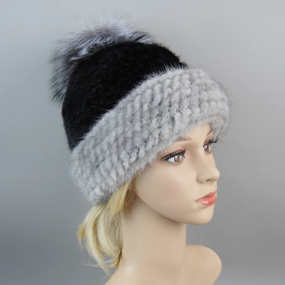 Real Mink Fur Hat For Winter Women Imported Knitted Mink Cap With Fox Fur New Hot Sale High Quality Women Beanies Hat