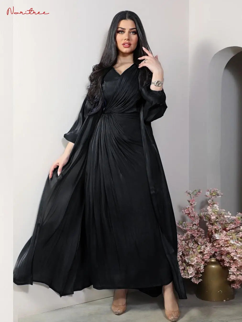 2 Pieces Shiny Djellaba Muslim Dress Sets Muslim Suits Elegant Long Islamic Women Modest Wear Clothing Sunscreen Sets WY1502