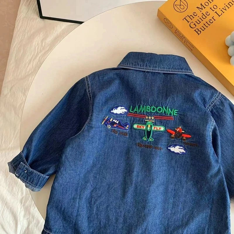 New Kids baby denim shirt cartoon letters embroidery long sleeve Tops Boys loose casual shirt Coat kids