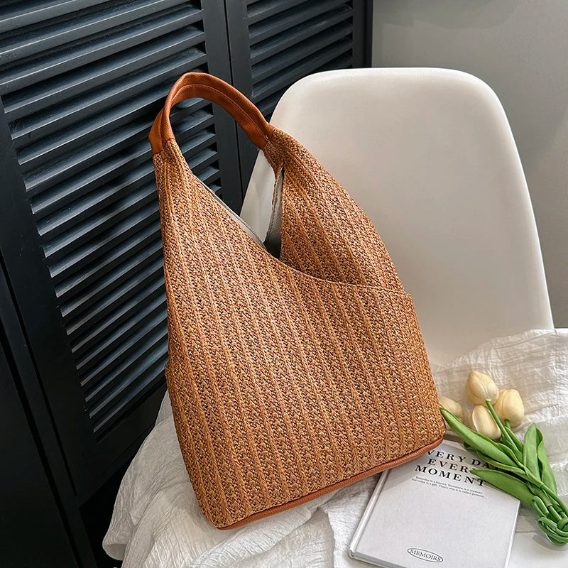 Fashion Straw Hollow Out Knitting Tote Bag Summer Cute Shoulder Bag Large Capacity Handbags and Purses Weave Beach Bag