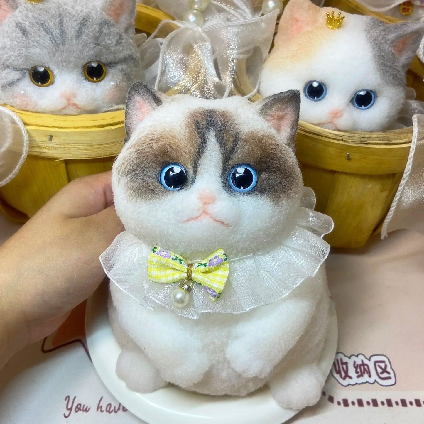17cm Simulation Silicone Cat Soft Rebound Handmade Toy with Bamboo Basket Bionic Kitten Birthday Gifts Ornament
