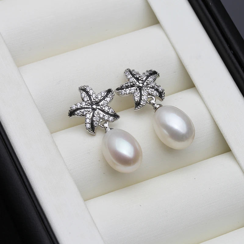 Real Natural Pearl Earrings For Women,925 Streling Sliver Freshwater Pearl Drop Earrings Pin Luxe Korea Earrings Jewelry Gift