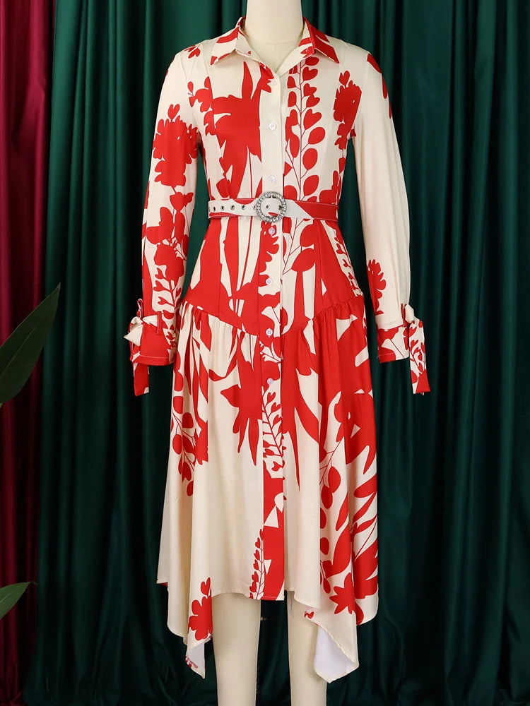 FairyShely 2025 Print Plus Size Club Dress Women Long Sleeve Large Loose Big Dresses Slim Belt Spring Party Tight Curvy Dress