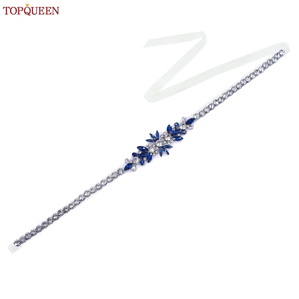 TOPQUEEN Blue Diamond Bridal Ribbon Belt Banquet Evening Dress Jewelry Sash Wedding Accessories Women Waist Decoration S166-ML