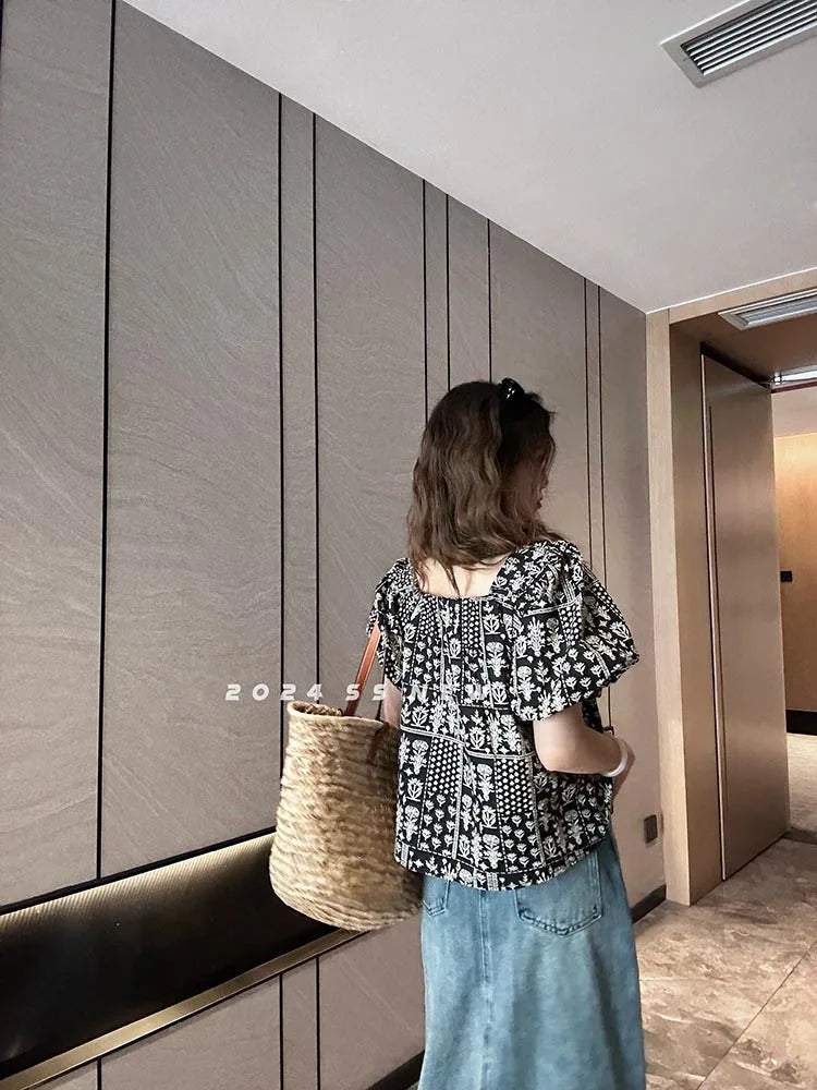 Square Neck Puff Sleeve Patterned Off-shoulder Cropped Women's Top 2024 Spring/Summer Vacation Blouse  Petite Women's Clothing clothes