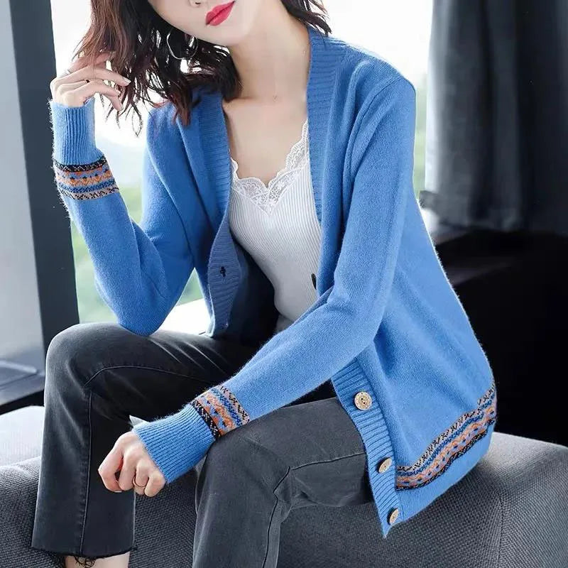 WTEMPO Spring Autumn Solid Color Women's Knitted Cardigan Long Sleeve Korean Loose V-Neck Button Sweaters Coat Female Clothing