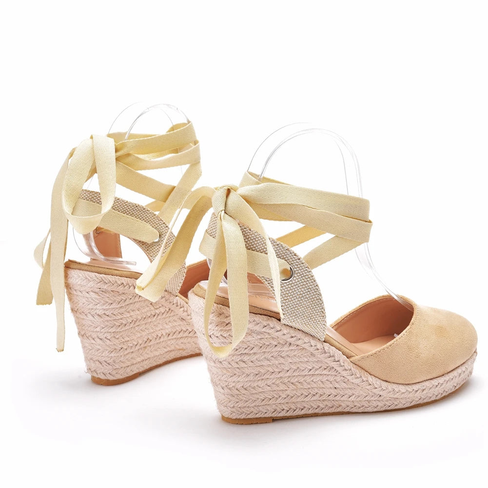 Crystal Queen Women's Wedges Espadrilles Sandals Summer Ankle Cross Strap Gladiator Casual Hemp Canvas Pumps Shoes