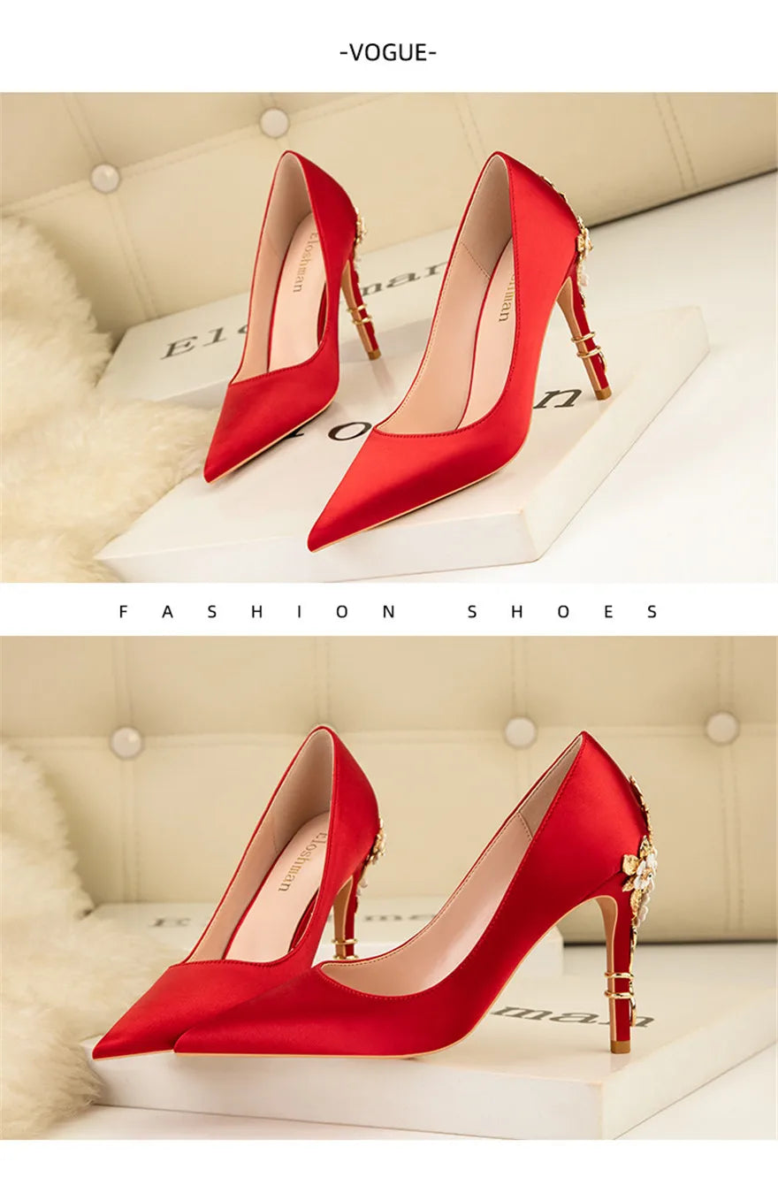 Luxury Metal Flowers Heel Crystal Bridal Shoes For Women Pointed Soft Silk Dress Shoe Shallow Sexy High Heels Pumps Female Party