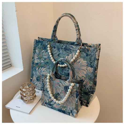 Unusual Design Denim Handbags for Women New Luxury Woman Canvas Tote Bag Pearl Bead Decorated Diagonal Cross bag Femme