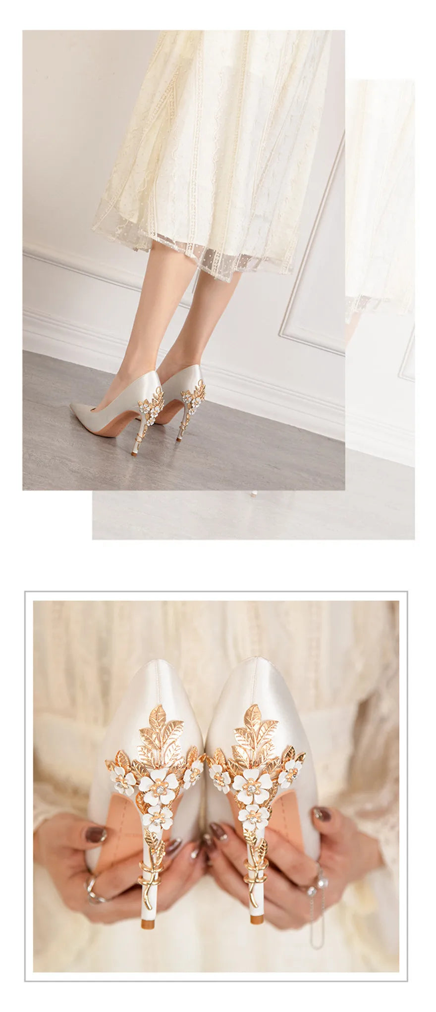 Luxury Metal Flowers Heel Crystal Bridal Shoes For Women Pointed Soft Silk Dress Shoe Shallow Sexy High Heels Pumps Female Party