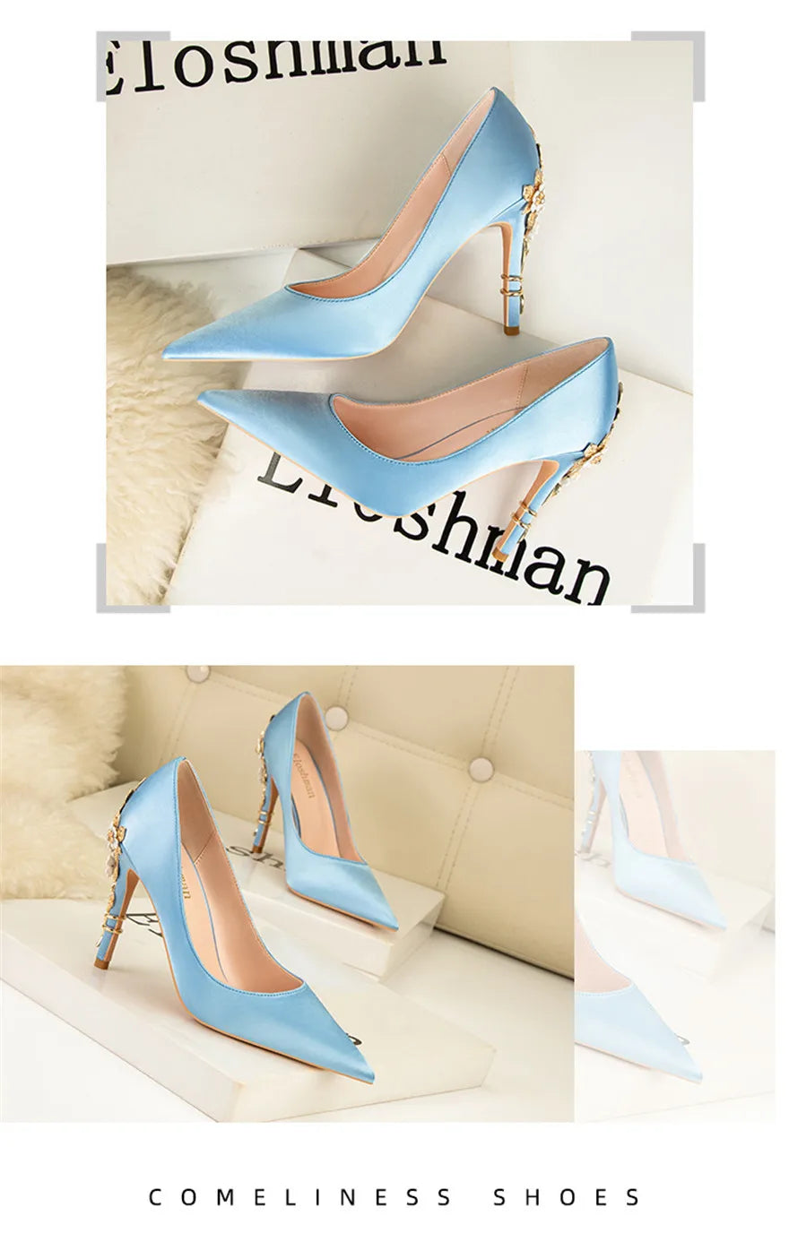 Luxury Metal Flowers Heel Crystal Bridal Shoes For Women Pointed Soft Silk Dress Shoe Shallow Sexy High Heels Pumps Female Party